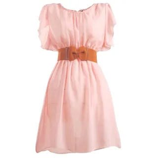 bunny-shop Traumhaft weiches Chiffon Sommer Cocktail Kleid mit Gürtel in Khaki rosa lila schwarz Weiss oder grau Gr. 36/38 + 38/40 (Rosa mit braunem Gürtel Gr. XL (EU 38/40)) - 38