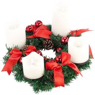Britesta Tannenkranz LED-Kerze: Adventskranz, rot, 4 weiße LED-Kerzen mit bewegter Flamme (Adventskränze ohne Echte Kerzen, Gesteck LED-Kerze, Kabellose Weihnachtskerzen)