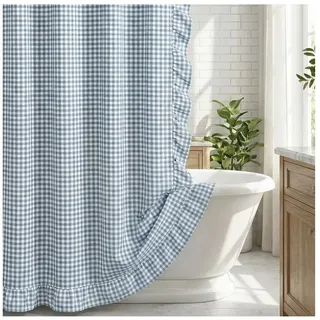 Zyronn Duschvorhang Duschvorhang mit Karomuster und Rüschen im Vintage-Landhausstil, (72 x 72 Zoll),Baumwolle mit Karomuster im Landhausstil,Duschvorhang blau