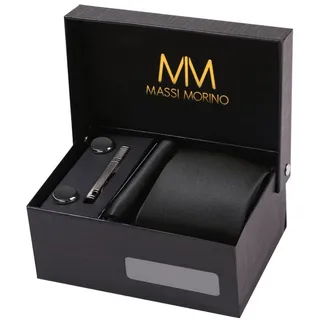 MASSI MORINO Krawatte mit Einstecktuch Set Herren inkl. Manschettenknöpfe, Krawattennadel und Geschenkbox - Männer Krawattenset zur Hochzeit - Einheitsgröße