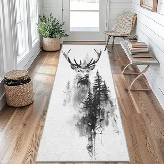 Generisch Hirsch Teppich Läufer Flur rutschfest 90 x 200 cm, Kiefer Teppichläufer Waschbar, Kurzflor Teppich Läufer für Flur, Küche, Eingang, Wohnzimmer Schlafzimmer Deko