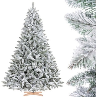 Fairytrees Künstlicher Weihnachtsbaum FT13, Fichte Natur-Weiss mit Schneeflocken, und Echtholz Baumständer grün 220 cm