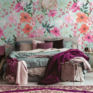 Livingwalls Vliestapete - Tapete Blumen in Türkis, Grün und Pink - Wandtapete für verschiedene Räume - Wandbild XXL 2,80 m x 1,59 m