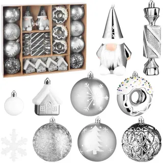 Brubaker 64 Stück Christbaumschmuck - Weihnachtskugel Set mit Donuts, Häuser, Schneeflocken, Kugeln und Bonbons - Baumkugel Baumschmuck - Anhänger Weihnachten für Weihnachtsbaum - Silber Weiß
