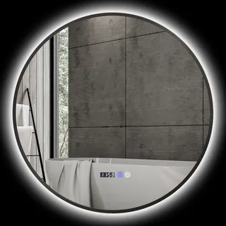 HOMCOM LED-Badezimmerspiegel Ø 70 cm, runder LED-Wandspiegel, stufenlos einstellbar, Antibeschlagfunktion, Touch-Schalter, Uhr- und Temperaturanzeige, schwarz   Aosom