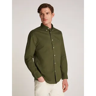 Tommy Hilfiger Businesshemd "FLEX POPLIN SOLID RF SHIRT 1", Herren, Gr. L, N-Gr, grün (army grün), Popeline, Obermaterial: 100% Baumwolle, unifarben, klassisch, regular fit hüftlang, Langarm Ärmel mit Ärmelschlitz 1-Knopf-Manschette, Hemden, mit Logostickerei