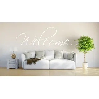 INDIGOS UG - Wandtattoo Wohnzimmer - Wandaufkleber WC Welcome 30cm x 26cm - weiß E945 - Aufkleber Kinderzimmer Schlafzimmer Küche Badezimmer Büro Dekoration