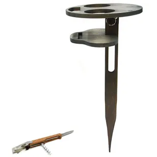 UNUS Garden Biertisch klappbar Outdoor, Bierhalter aus Bambus Holz, grau | Bierflaschenhalter für Picknick, Camping oder Garten, inklusive Taschenmesser mit Korkenzieher und Flaschenöffner