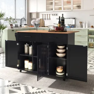 FammyLoft Kücheninsel auf Rollen, Multifunktionaler Kücheninsel mit Klapptischplatte, Stauschränken und 2 Schubladen, Küchenrollwagen mit 5 Rädern für Küche, Esszimmer, Schwarz