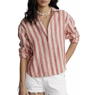 Polo Ralph Lauren Leinenhemd Leinenbluse Vokuhila-Hemd Bluse Hemd Oversize in Antikrosa Kentkragen, verdeckte Knopfleiste,Streifenmuster,Pony-Stickerei bunt XS