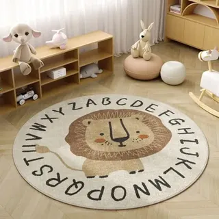 Viusneun Kinderteppich, Rund Kurzflor Wildtiere Teppiche Weich Waschbare Teppich Krabbeldecke rutschfest Teppiche fürs Babyzimmer Kleinkinderzimmer Wohnzimmer Schlafzimmer (Löwe,100cm)