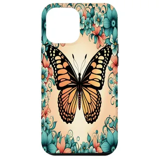 Hülle für iPhone 14 Plus Lebendiger schöner orangefarbener Schmetterling und kräftige blaue Blumen