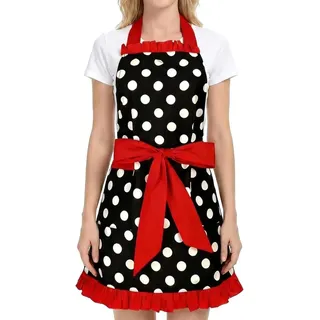 BDKMMS Damen Latzschürze mit Rüschen, Vintage Gepunktete Küchenschürze aus Baumwolle, Verstellbare Kochschürze mit Taschen, für Küche, Backen, Gärtnerin, Kellnerin, Café, Floristik, Basteln
