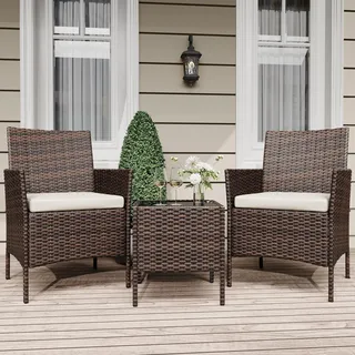 Garvee Rattan Gartenmöbel Set, Balkonmöbel Set mit Wetterfeste Gartentisch und 2 Stühlen, Balkon Sessel Set Lounge Gartenmöbel Garten Sitzgruppe Gartengarnitur Patio Furniture 3 Teiliges (Braun)