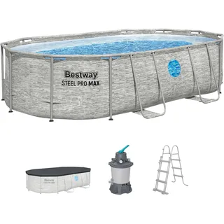 BESTWAY Power Steel Frame Pool oval Set 488 x 305 x 107 cm inkl. Sandfilteranlage (3-tlg.)