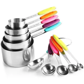 XINGXINRONG Cups Messlöffel Set Edelstahl 5 Messbecher 5 Messlöffel 2 runden Ringen Silikongriff Graviert mit US- und Internationale Maßeskala Spülmaschinenfest Koch- und Backzubehör für die Küche
