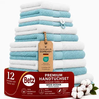 Betz Premium Handtuch-Set 12-teilig – 100% Baumwolle – Oeko-TEX® Zertifiziert – 470 g/m2 – 2 Duschtücher, 4 Handtücher, 2 Gästetücher, 2 Seiftücher & 2 Waschhandschuhe - Farbe weiß/Ocean