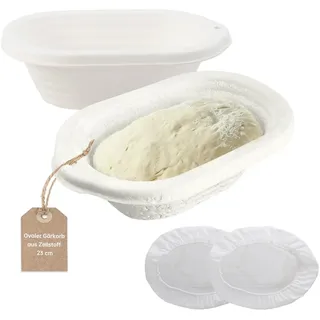 2er-Set Ovaler Gärkorb aus Zellstoff 23 x 14 cm mit 2 Leinen-Einlegern – Sauerteig-Brotbackform für Sauerteigbrot (Artisan)