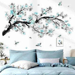 wondever Wandtattoo Blumen Blau Baum Ast Wandaufkleber Blüten Zweig Vögel auf Ast Wandsticker Wanddeko für Wohnzimmer Schlafzimmer Sofa Hintergrund
