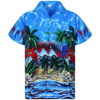 King Kameha Hawaiihemd Parrot Funky Hawaii-Hemd Herren Kurzarm Front-Tasche Stylish Unisex blau 4XL