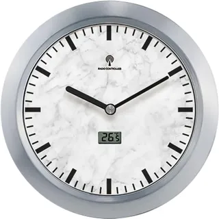 Oule GmbH Badezimmer Uhr: Badezimmer-Funk-Wanduhr mit Thermo- und Hygrometer, Alu-Rahmen, Weiß (Badezimmeruhr mit Thermometer, multifunktionale Badezimmeruhr, Digital analog)