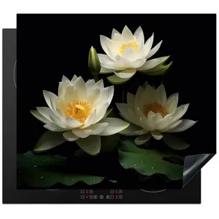 MuchoWow Herd-Abdeckplatte Lotus - Blumen - Weiß - Natur - Schwarz, Vinyl, (1 tlg), Ceranfeldabdeckung Küche, Herdabdeckplatte Einteilig, 60x52 cm schwarz 60 cm x 52 cm x 0.2 cm