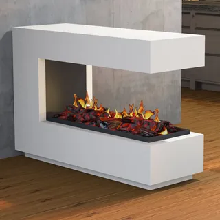 muenkel design loft.line 1400 -- C-02 Raumteiler [Design Opti-myst Elektrokamin mit Festwasseranschluss]: Betonoptik - Mit Heizung - Kieswanne mit weißen Steinen - mit Scheibe