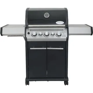 SANTOS Gasgrill S-318 Schwarz mit 3 Hauptbrenner, Infrarotseitenbrenner & Heckbrenner | inkl. Drehspieß, Rostheber & Silikonablage | Schwarz/Silber