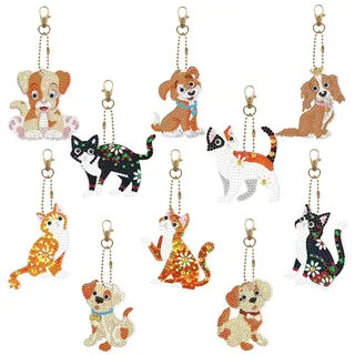 DNWFZ Diamond Painting Anhänger 10 Stück 5D Diy Schlüsselanhänger Kinder Erwachsene Stickerei Diamant Anhänger Art Hunde Katzen Handtasche Schlüssel Craft Kits