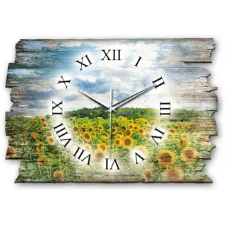 Kreative Feder Designer Wanduhr Sonnenblumen aus Holz Größe 40x27cm - Funkuhr im Landhaus-Stil Shabby-Style Made in Germany leise ohne Ticken (Sonnenblumen, leises Funkuhrwerk)