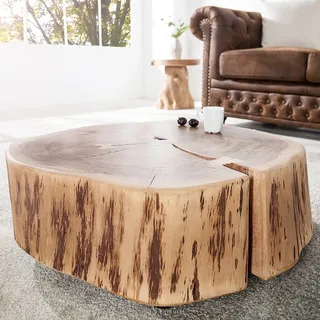 Baumstamm Couchtisch GOA 60cm natur Akazie Massivholz rund mit Rollen Unikat