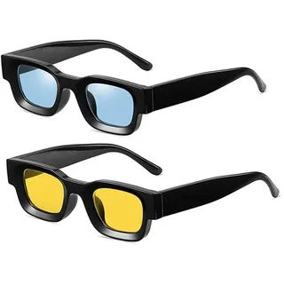 crazy bean 2 Stück Sonnenbrille Vintage Rechteckige Damen Herren Sonnenbrillen 90er Retro Mode Schutz UV 400 Blau+Gelb - Einheitsgröße