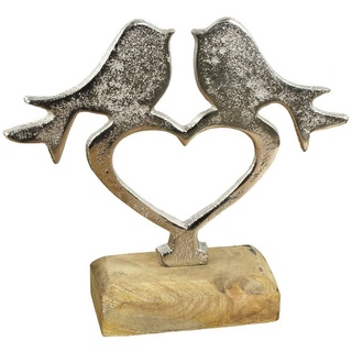 Macosa Home Dekofigur Skulptur Holz Metall Vögel Herz, Dekoherz Metallherz Sockel Metallvogel silberfarben