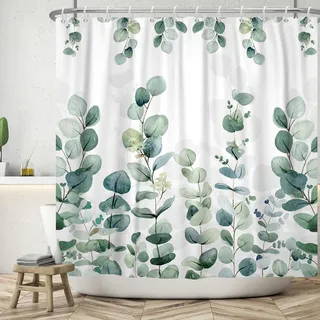 ASDCXZ Blätter Duschvorhang 180x220 cm, Frühling Handgemalt Einfachheit Grün Eukalyptusblätter Weiß Bad Waschbar Duschvorhänge Polyester Textil Wasserdicht Badevorhang für Badewanne mit 12 Haken