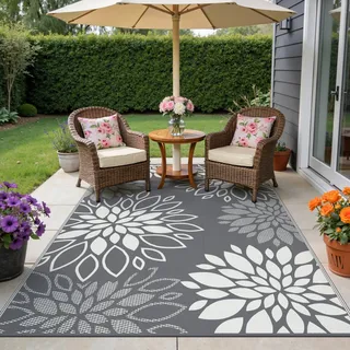 SHACOS Outdoor Teppich Wetterfest, Wendbarer Vorzeltteppich UV-Beständig, Balkon Teppich Leicht Kunststoff, für Camping Wohnmobil Garten Terrassen, Blumen Grau, 180 x 270 cm