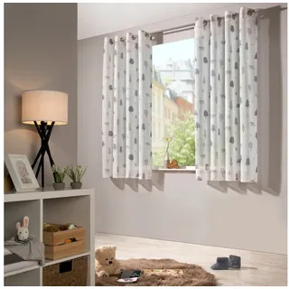 heimtexland ® Vorhang Kindergardine Leinen Optik Natur Grau Skandinavisch Wald Bär Gardine transparent Kinderzimmer Ösenschal Ökotex Typ563 Weiß - Grau mit Ösen I HxB 145x135 cm