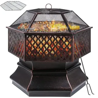TLGREEN Feuerschale mit Grillrost und Funkenschutz, (Sechseckige Feuerstelle, Solide und Stabil), 71/66,XXXL, Feuerschalen für den Garten 66 cm x 66 cm x 63 cm
