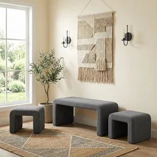 Set Aus 3 Bänken, Nachttischbank, Eingangsbank, Schminktischhocker, Hocker (grau)