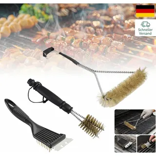 3 Stück Grillbürste für Gussrost, 2-In-1 Grill Bürste Messing mit Edelstahl, Gri