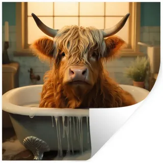MuchoWow Wandsticker Scotch highlander - Bad - Badezimmer (1 St), Wandaufkleber, Selbstklebend, Wohnzimmer, 120x120 cm 120 cm x 120 cm x 0.1 cm