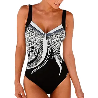 KEERADS Damen Badeanzug Bauchweg Puch Up Große Größen One Piece Figurformend Schwimmanzug Bademode Strandmode (XL, Weiß) - XL