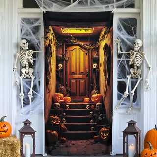 Halloween Dekorationen Tür, Halloween Tür Banner, Keller Treppentür Abdeckung, Gruselige Tür Hintergrund Banner Dekoration, Großer Stoff Tür Hintergrund für Indoor Outdoor Party Supples 185 x 90 cm