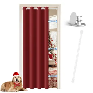 JCyh blickdichter Türvorhang mit Teleskopstange, einfache Montage ohne Bohren, 1 Stück Verdunkelungsvorhang Weihnachtsstern H 195 x B 132 cm für Zimmer tür, Stange Weiß 70-125 cm