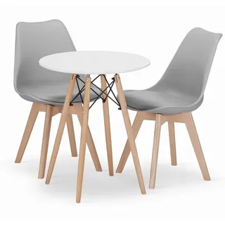 NMK HOME Essgruppe Esstisch Rund Ф 60 cm mit 2 Graue Stühlen - Esszimmerstühle 2er Set mit einem Kissen aus Kunstleder und Buchenholzbeinen