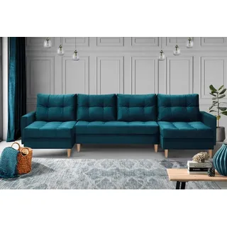 U-Form Ecksofa im Skandinavisches Stil mit universelle Ottomane HALANT U mit Schlaffunktion Velour (Farbe: Marine) - Blau