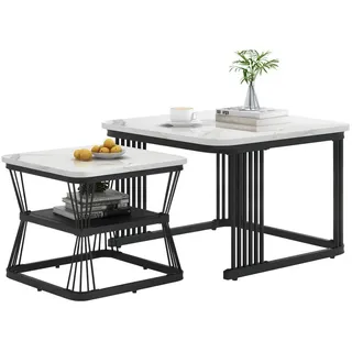 Merax Couchtisch im Marmoroptik mit Metallrahmen (2er Set), hochglanz Beistelltisch mit Einlegeboden, Satztisch, Wohnzimmertisch weiß Quadrat