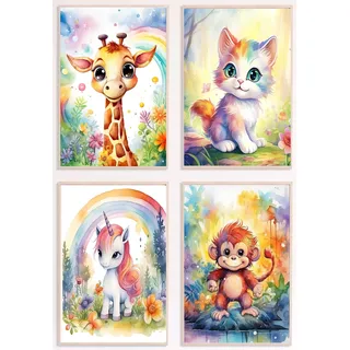 Dreamy Doodles® | Süße Tierwelt | 4er Poster Set | DIN A4 ohne Rahmen | Bilder Kinderzimmer | Premium Wandbild | Deko | Einhorn Giraffe Affe Katze | Babyzimmer Deko | Kindermotive Kinderbilder