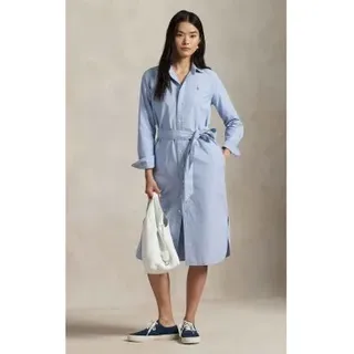 Polo Ralph Lauren für Damen. 211928804002 Hemdkleid aus Baumwolle mit blauem Gürtel (40), Lässig, Langarm