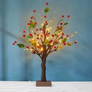 Weihnachtsbaum Tisch Mini Weihnachtsbaum mit LED Lichtern batteriebetrieben Weihnachtsdekoration für den Innenbereich mit roten Beeren und grünen Blättern neuartiges Nachtlicht Partygeschenk 54 cm