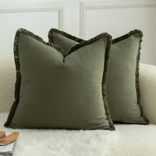 Kissenbezüge 2er Set Baumwolle Quasten 45x45cm Olivgrün Boho Dekokissen